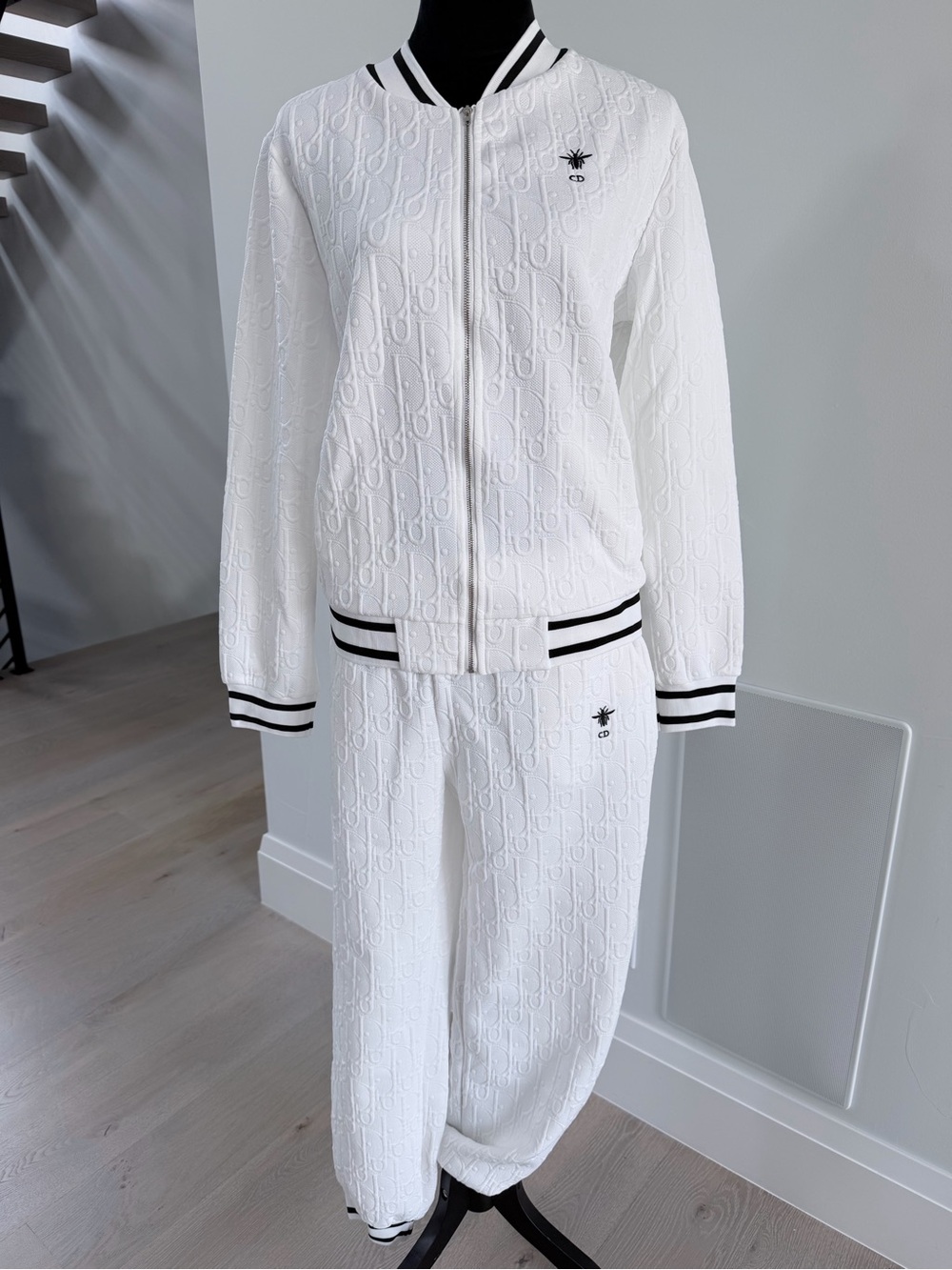 White Embossed Bomber Jacket and Track Pants Set size L
